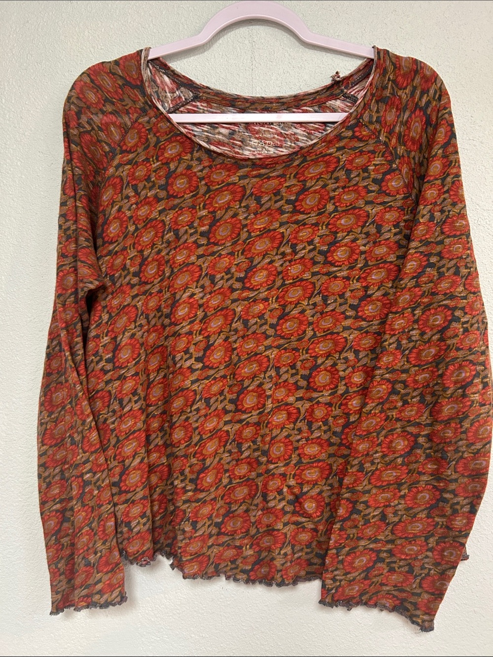 NATURAL LIFE Rust Floral Scoop Neck Long Sleeve Top